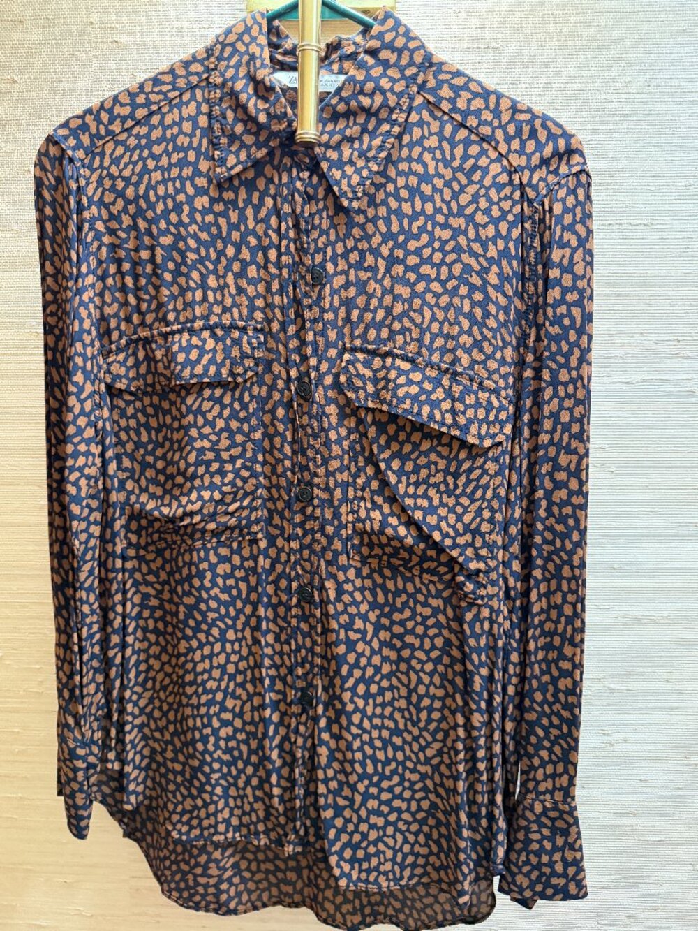 Zara Animal Print Utility Button Down Shirt Blue Brown Size M